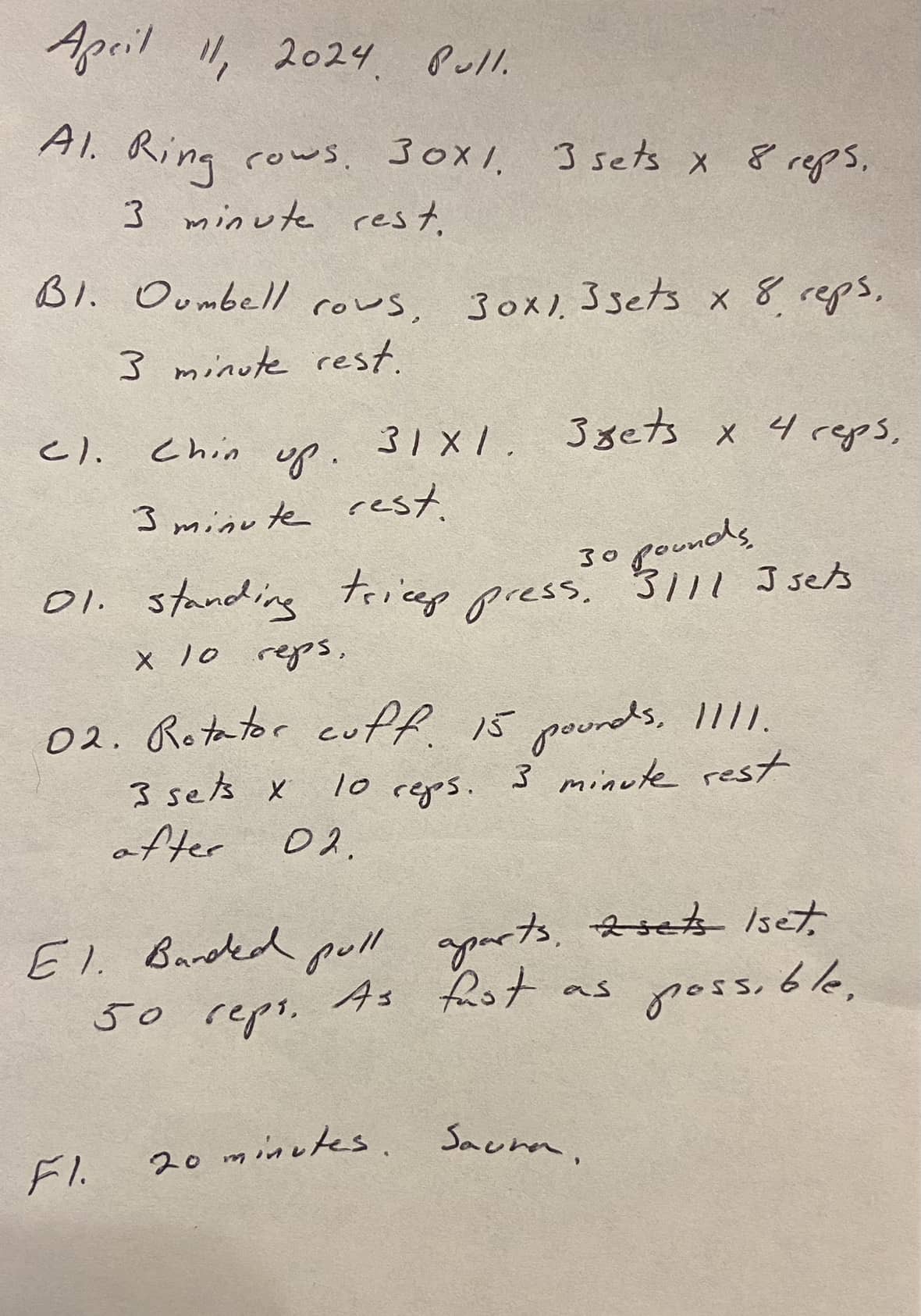 Written workout notes